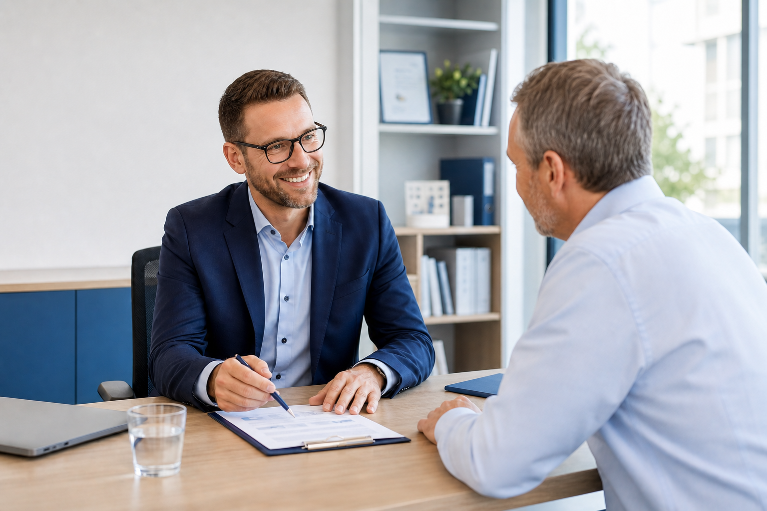 Beratungsgespräch zwischen Finanzleiter und Berater am Schreibtisch