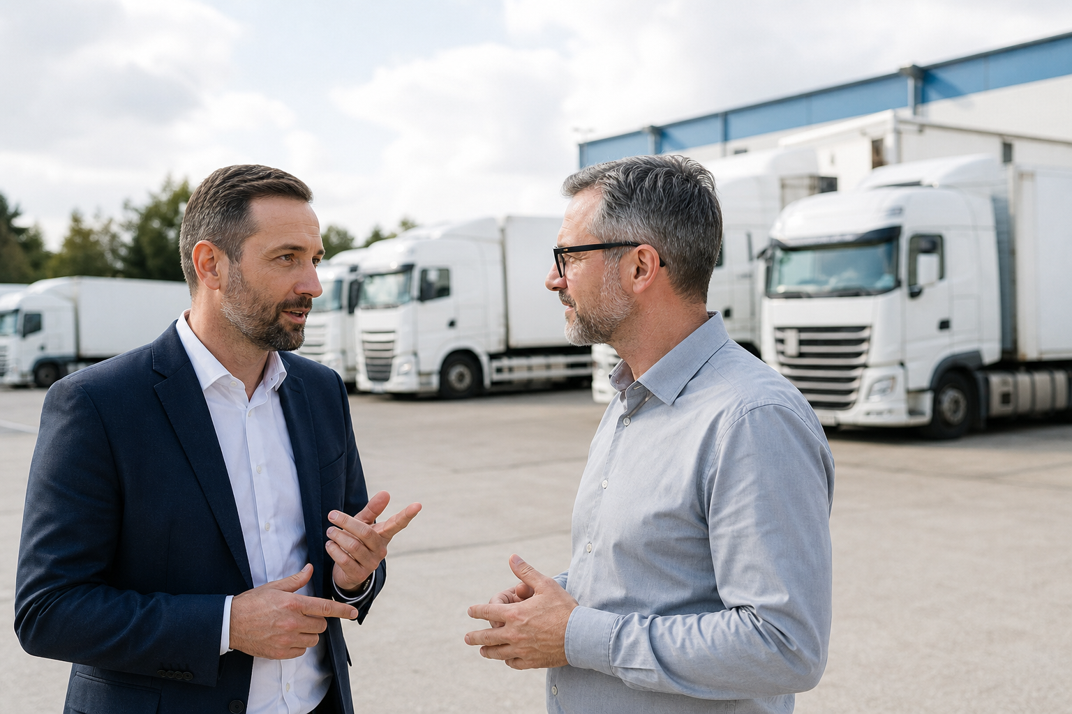 Zwei Manager im Gespräch vor weißer Lkw-Flotte zur Diskussion gestiegener Frachtkosten